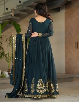 Dark teal green zari thread & sequins embroidered faux blooming georgette anarkali gown with dupatta 4