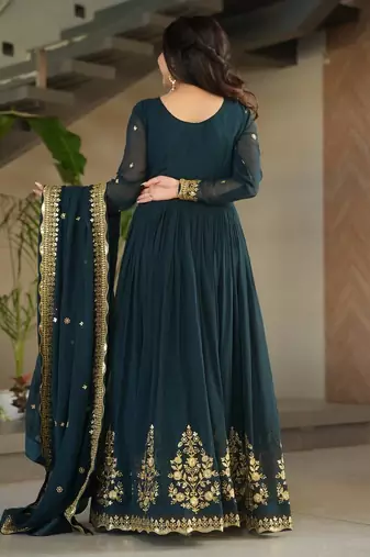 Dark teal green zari thread & sequins embroidered faux blooming georgette anarkali gown with dupatta