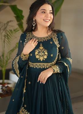 Dark teal green zari thread & sequins embroidered faux blooming georgette anarkali gown with dupatta 5