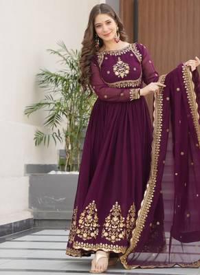 Wine zari thread & sequins embroidered faux blooming georgette anarkali gown with dupatta 1