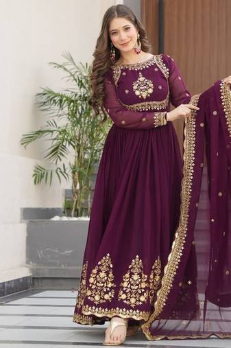 Wine zari thread & sequins embroidered faux blooming georgette anarkali gown with dupatta
