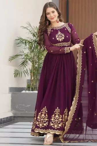 Wine zari thread & sequins embroidered faux blooming georgette anarkali gown with dupatta