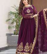 Wine zari thread & sequins embroidered faux blooming georgette anarkali gown with dupatta