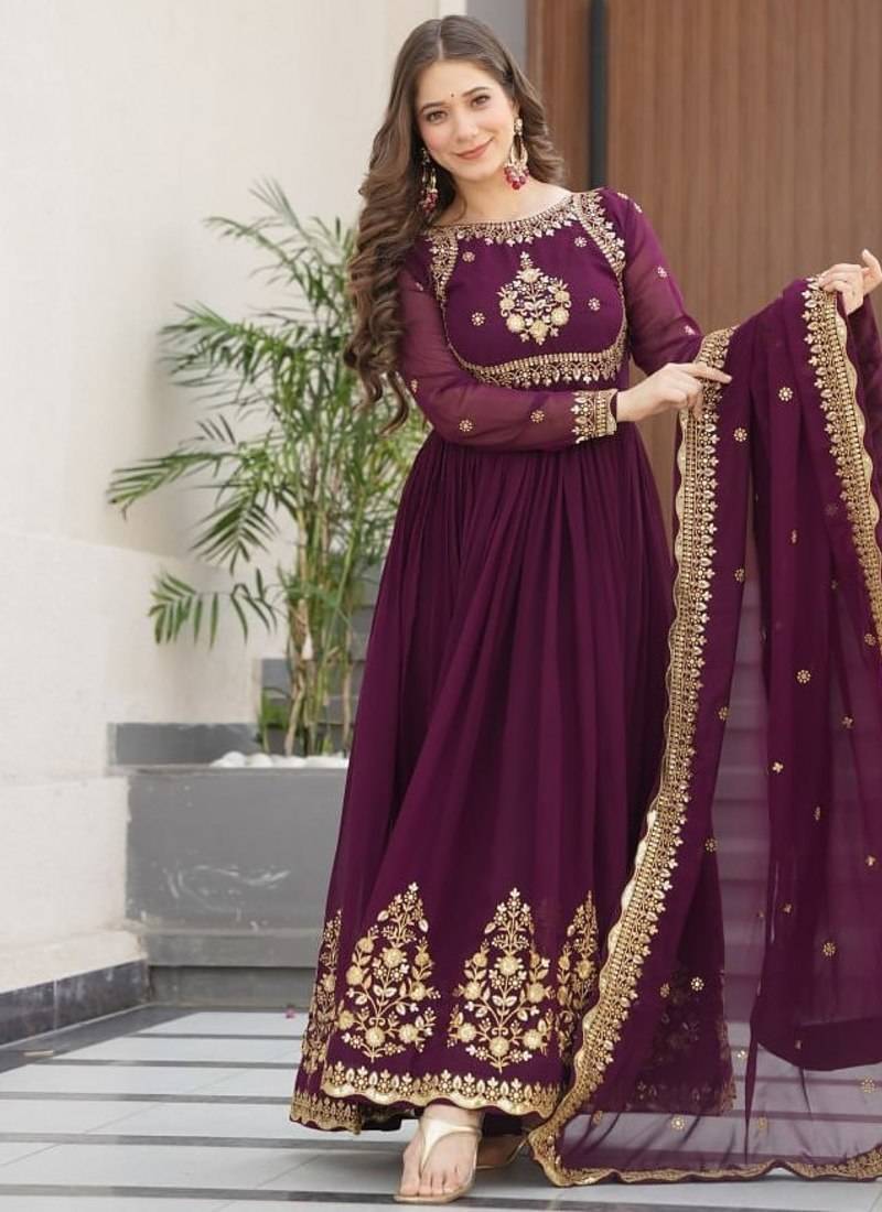 Wine zari thread & sequins embroidered faux blooming georgette anarkali gown with dupatta