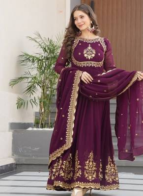 Wine zari thread & sequins embroidered faux blooming georgette anarkali gown with dupatta 2