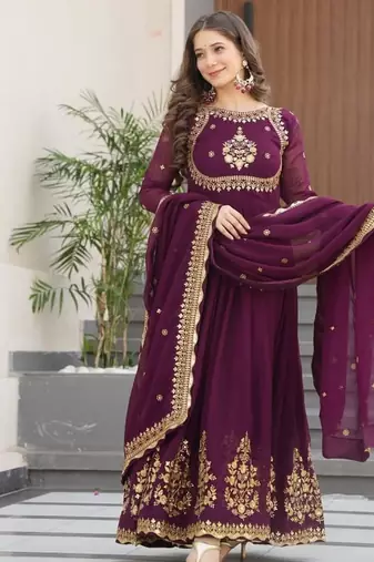 Wine zari thread & sequins embroidered faux blooming georgette anarkali gown with dupatta