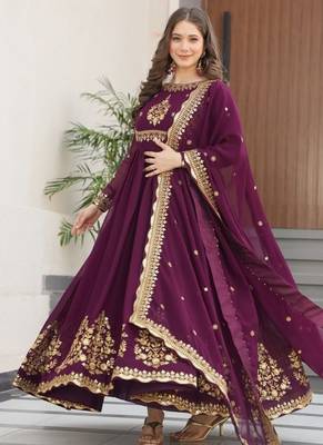 Wine zari thread & sequins embroidered faux blooming georgette anarkali gown with dupatta 3