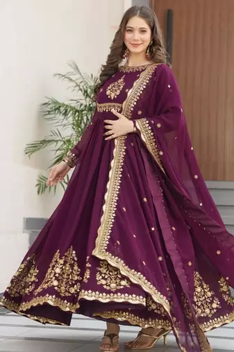 Wine zari thread & sequins embroidered faux blooming georgette anarkali gown with dupatta