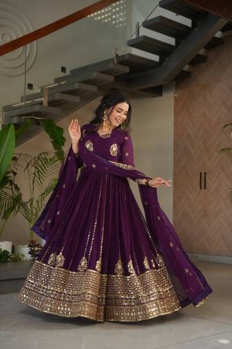 Purple zari sequins embroidered faux blooming stitched anarkali gown with dupatta