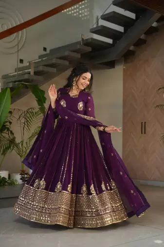Purple zari sequins embroidered faux blooming stitched anarkali gown with dupatta