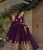 Purple zari sequins embroidered faux blooming stitched anarkali gown with dupatta