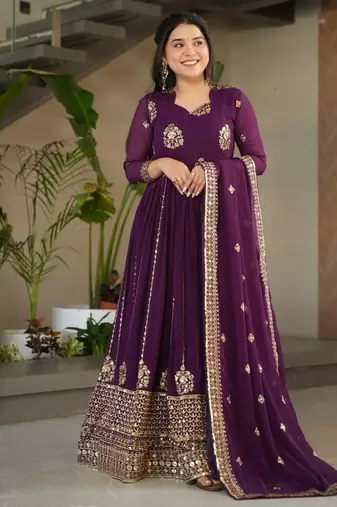 Purple zari sequins embroidered faux blooming stitched anarkali gown with dupatta