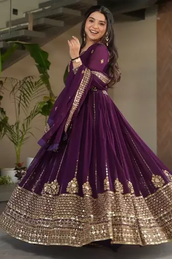 Purple zari sequins embroidered faux blooming stitched anarkali gown with dupatta