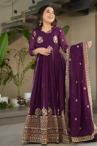 Purple zari sequins embroidered faux blooming stitched anarkali gown with dupatta