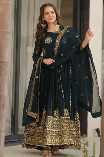 Rama zari sequins embroidered faux blooming stitched anarkali gown with dupatta