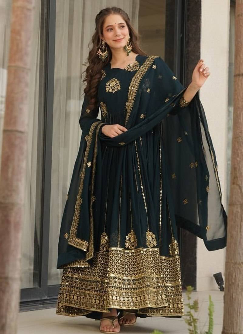 Rama zari sequins embroidered faux blooming stitched anarkali gown with dupatta