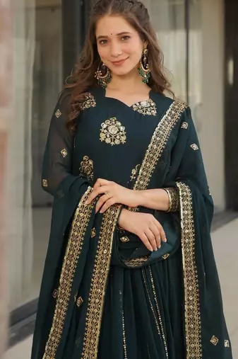 Rama zari sequins embroidered faux blooming stitched anarkali gown with dupatta