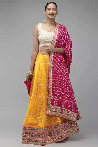 Yellow & Pink Patchwork Lehenga With Unstitched BlouseAnd Dupatta