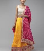 Yellow & Pink Patchwork Lehenga With Unstitched BlouseAnd Dupatta