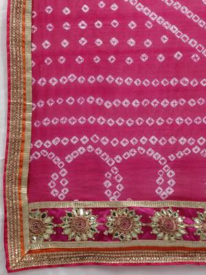 yellow silk patchwork lehenga set with pink bandhani dupatta 4