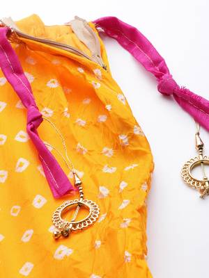 yellow silk patchwork lehenga set with pink bandhani dupatta 5