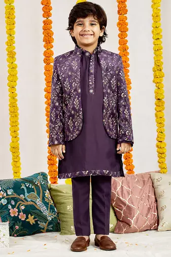 boys velvet thread work jodhpuri kurta pyjama set