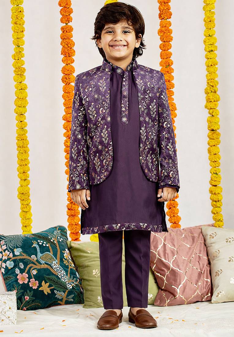 boys velvet thread work jodhpuri kurta pyjama set