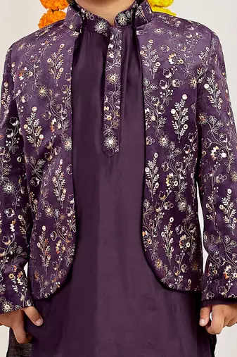 boys festive velvet thread work jodhpuri kurta pyjama set