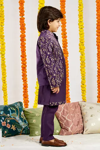 boys festive velvet thread work jodhpuri kurta pyjama set