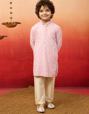onion pink linen chikankari kurta pyjama set for boys 1