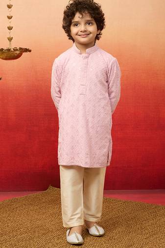Linen chikankari kurta set with pyjama for boys | onion | festive collection