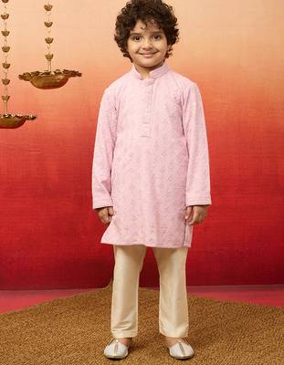 onion pink linen chikankari kurta pyjama set for boys 3