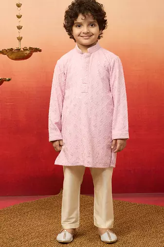 onion pink linen chikankari kurta pyjama set for boys