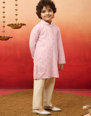 onion pink linen chikankari kurta pyjama set for boys 4