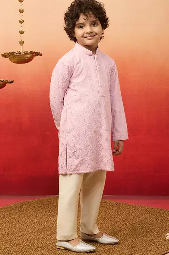 onion pink linen chikankari kurta pyjama set for boys