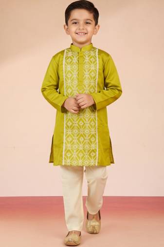 Satin embroidery kurta set with pyjama for boys | green | festive