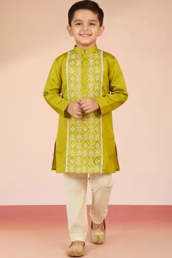Satin embroidery kurta set with pyjama for boys | green | festive