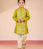 Satin embroidery kurta set with pyjama for boys | green | festive