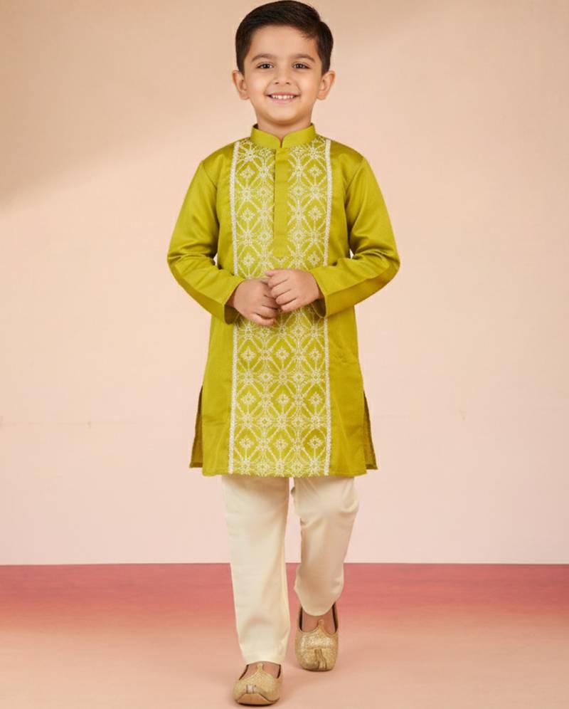 Satin embroidery kurta set with pyjama for boys | green | festive