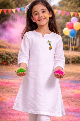 girls wear white cambric kurta with holi chest print
