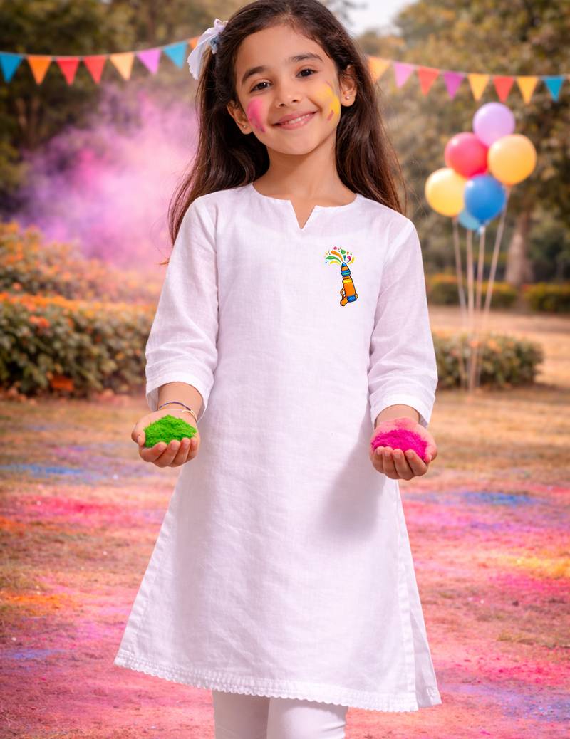 girls wear white cambric kurta with holi chest print