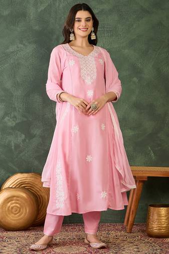 Women's Beautiful Thread Work Cotton Blend Fabric Flared Kurta Pant and Dupatta Set