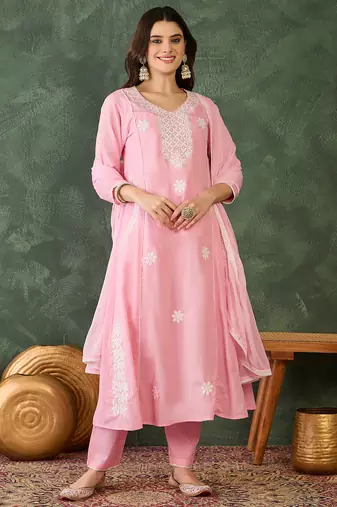 Women's Beautiful Thread Work Cotton Blend Fabric Flared Kurta Pant and Dupatta Set
