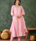 Women's Beautiful Thread Work Cotton Blend Fabric Flared Kurta Pant and Dupatta Set