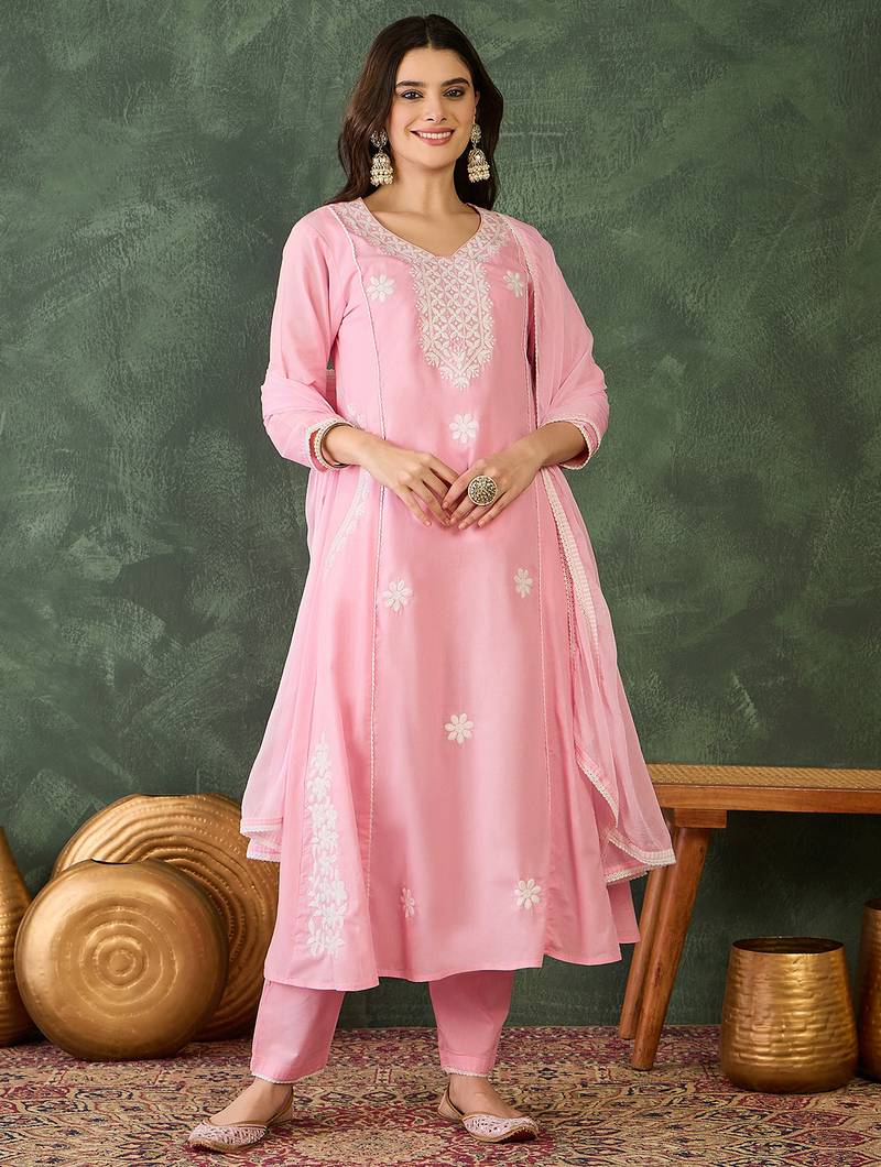 Women's Beautiful Thread Work Cotton Blend Fabric Flared Kurta Pant and Dupatta Set