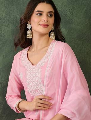 Women's Beautiful Thread Work Cotton Blend Fabric Flared Kurta Pant and Dupatta Set 2