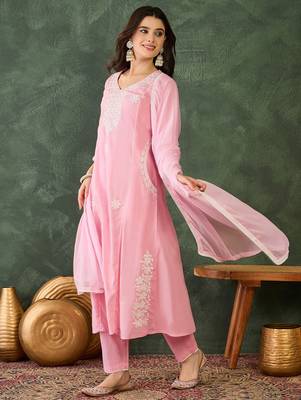 Women's Beautiful Thread Work Cotton Blend Fabric Flared Kurta Pant and Dupatta Set 3