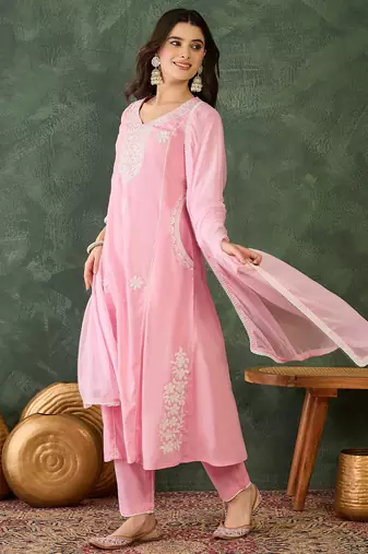 Women's Beautiful Thread Work Cotton Blend Fabric Flared Kurta Pant and Dupatta Set