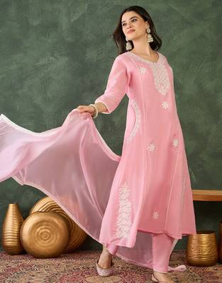 Women's Beautiful Thread Work Cotton Blend Fabric Flared Kurta Pant and Dupatta Set 5