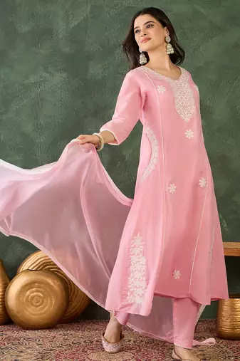 Women's Beautiful Thread Work Cotton Blend Fabric Flared Kurta Pant and Dupatta Set